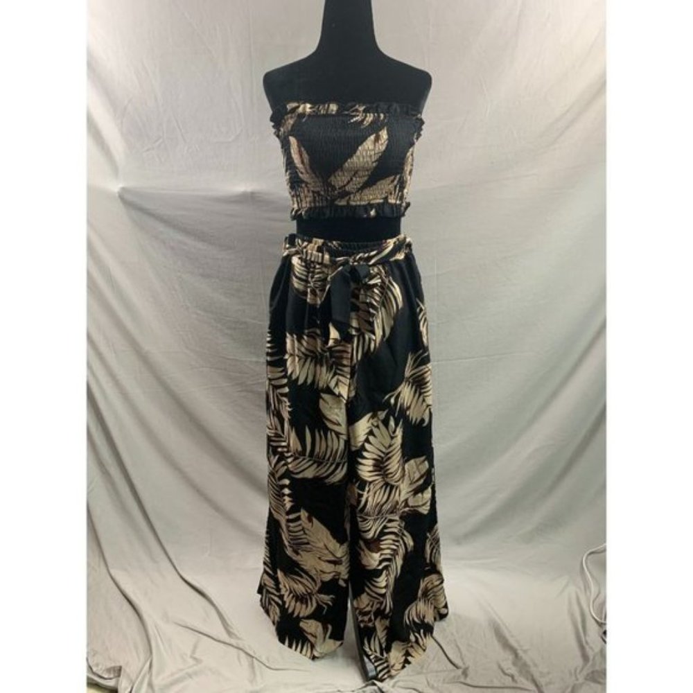LAST ONE 🔥 Brown/ Black Tropical Print Tube Top & Wide Leg Pants - Picture 5 of 7